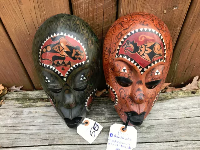 A Pair,of Antique Indonesian Wood Mask Hand Carved Painted Tribal ART Work-W-50