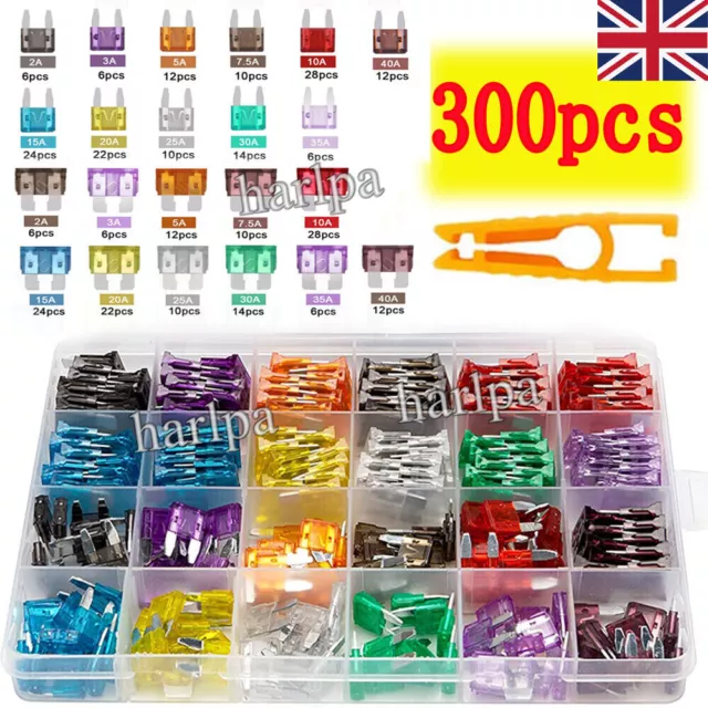 300Pcs Car Fuses Assorted Kit Van Bike Auto Mini Medium Blade Fuse 2A-40A Box