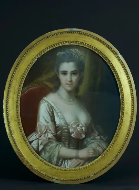 Tableau ancien portrait  Dame de qualité Robe Louis XVI Femme  pastel  18e ovale