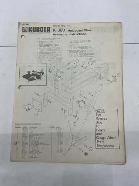 Kubota Assembly Instructions for Moldboard Plow Model K-380