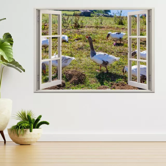 Bauernhofgänse in der Berglandschaft 3D Fenster Ansicht Wandaufkleber Poster Aufkleber A467