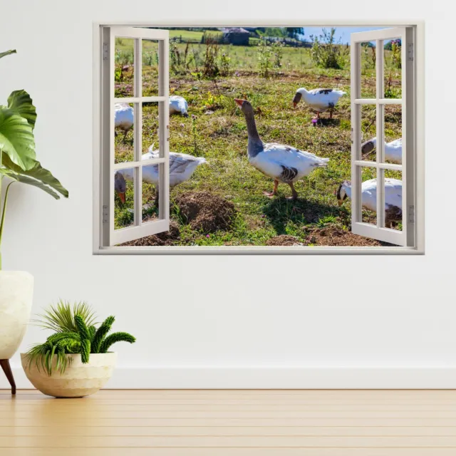 Farm Gooses In Mountain Landscape 3d Window View Wall Sticker Poster Decal A467