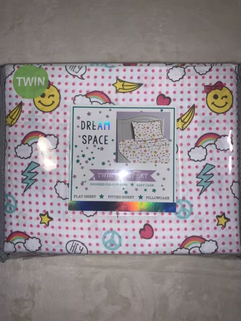 Dream Space 3 Piece Twin Sheet Set Kid Rainbow Donuts Stars Hearts Peace Hey
