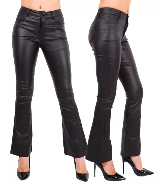 WOMEN'S BLACK WET Look Bootcut Jeans Hipster Jeans Pants Belt