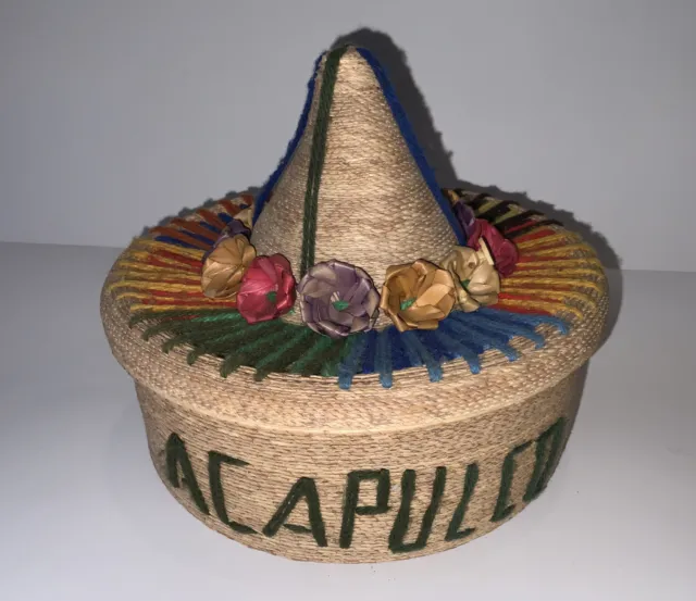 Vintage Acapulco Hand Woven Basket and Lid of a Mexican Sombrero & Flowers