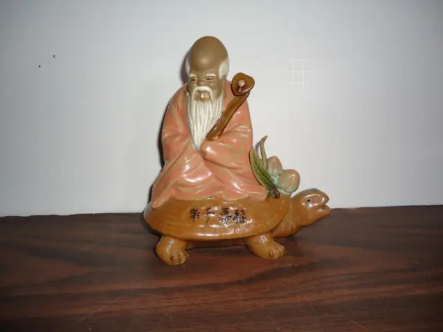 Vintage 7.5" Chinese Porcelain Mud Man Shou Xing Lao God Of Longevity On Turtle