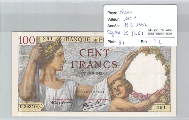 Banconota Francia - 100 Franchi - 19/3/1942 - Fayette 26 (68) Pick 94 - N° 351