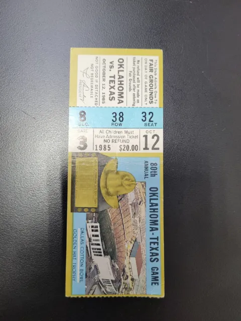 Football Ticket Stub Texas Longhorns 7 Vs Oklahoma Sooners 14 Oct 12, 1985