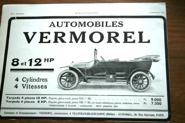 automobiles 1913 VERMOREL Torpedo 8 12 hp VILLEFRANCHE S/SAONE PUB AD