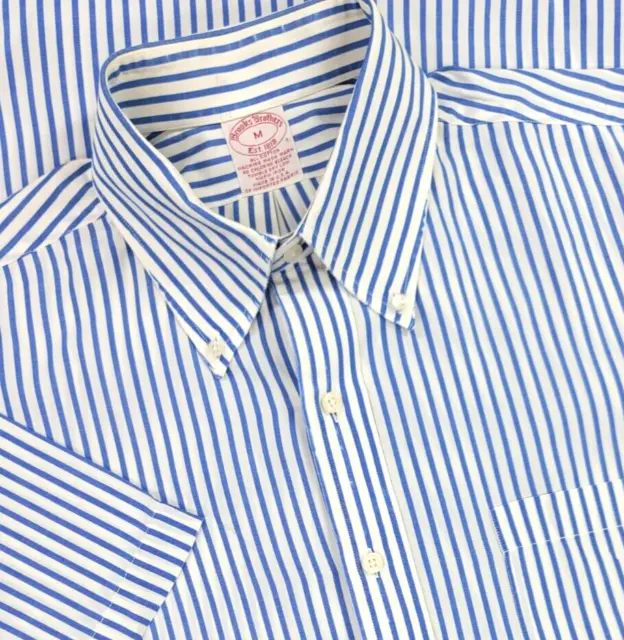 Vtg Brooks Brothers Blue Stripe Button Up Short Sleeve Poplin Shirt Mens M USA