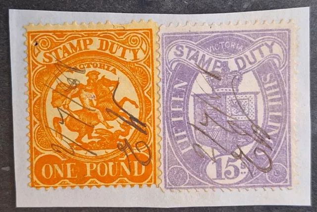 1881- Victoria Australia 15/- Mauve&£1.00 Orange Red/Yellow  stamp Duty on piece