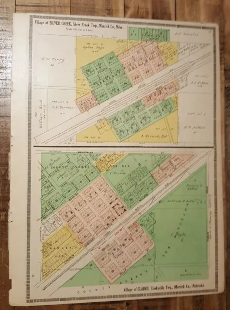 Antique Map/VILLAGE OF SILVER CREEK & CLARKS Nebraska - Nonpareil Pub. Co. 1921