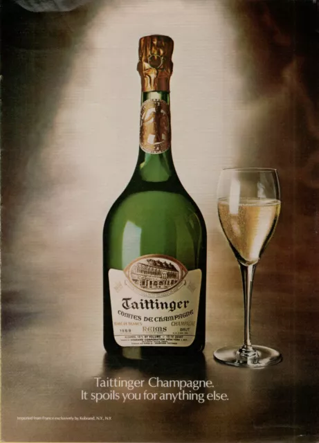 1977 Taittinger Champagne Spoils You Bottle Flute Bubbles Photo Vintage Print Ad