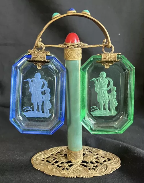 Czech Intaglio Hanging Salts With Jeweled Stand