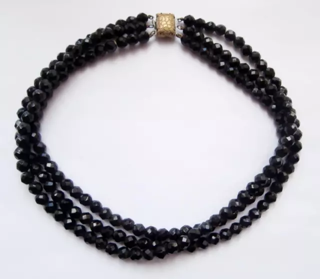 BNWOT Vintage 1950's 3-String Black Facetted Glass French Jet Bead Necklace