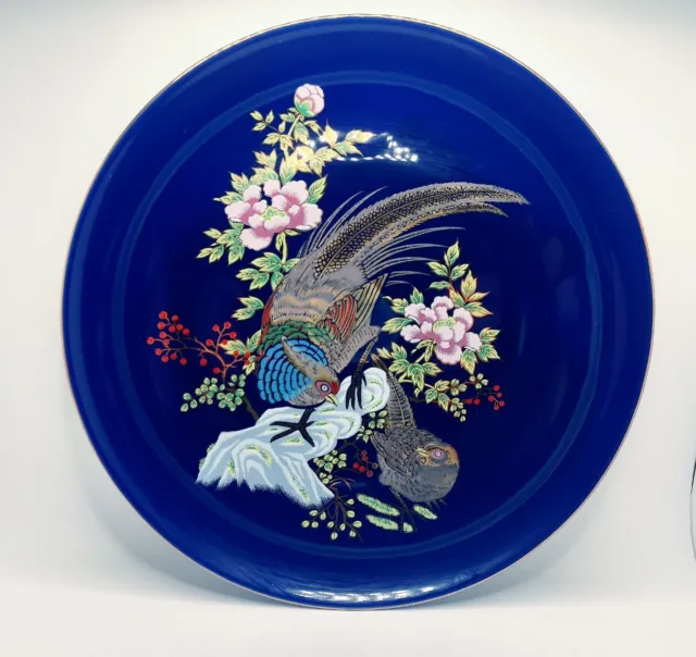Vtg Cobalt Blue Heritage Mint Ltd Porcelain Pheasants Gold Accents Plate Japan