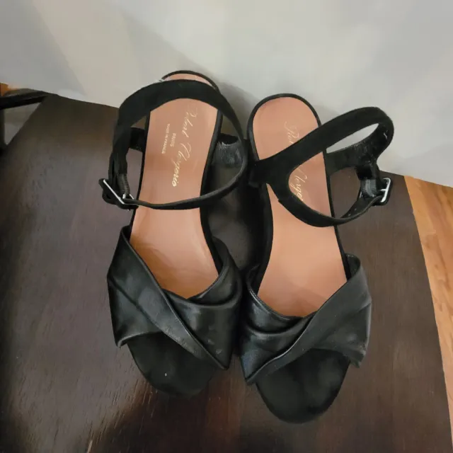 Robert Clergerie Black Suede/Leather Platform Sandals Open Toe Wedge 6.5 EUC