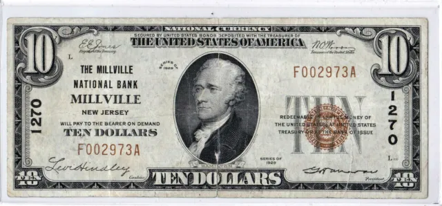 $10 1929 T1 National MILLVILLE New Jersey NJ Very Nice Note!