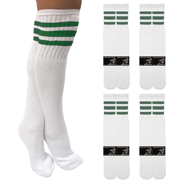 4 Paires Décontracté Hauteur Genou Blanc Tube Chaussettes Long Sport Vert Rayure