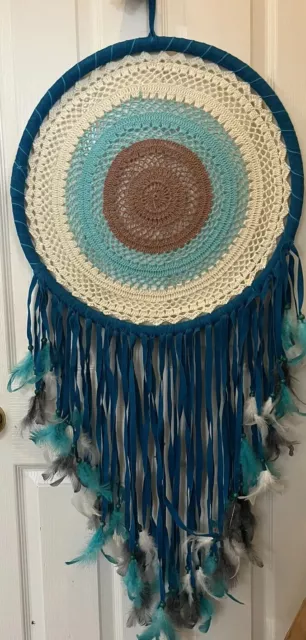 DREAM CATCHER Turquoise White Beaded Feathers Wall Art Hanging Decor EXTRA LARGE