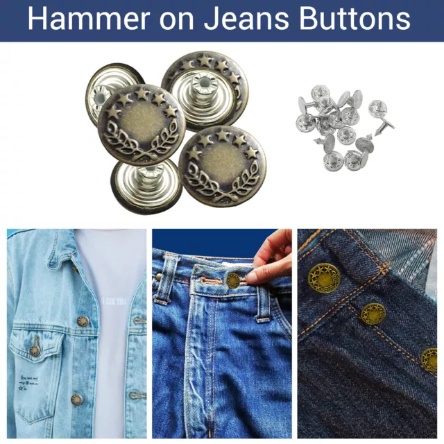 Hammer on Jeans Buttons Denim Replacement DIY for Leather Coats Trousers 17mm