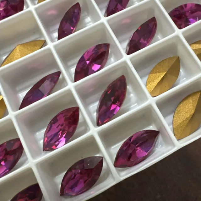 51 Vintage Swarovski (15 x 7 mm) Fuchsia Pink 4200 Crystal Jewels Gold Foiled