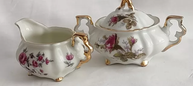 Vintage Royal Sealy Moss Rose Miniature Creamer And Lidded Sugar Bowl