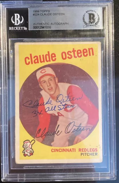 Claude Osteen Autographed Signed 1959 Topps #224 Beckett BAS Redlegs Reds Card