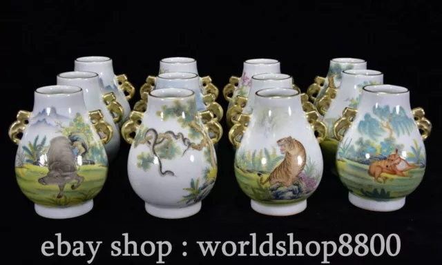 7.2" Yongzheng Chinese Enamels Porcelain 12 Zodiac Beast Zun Vase Bottle Set