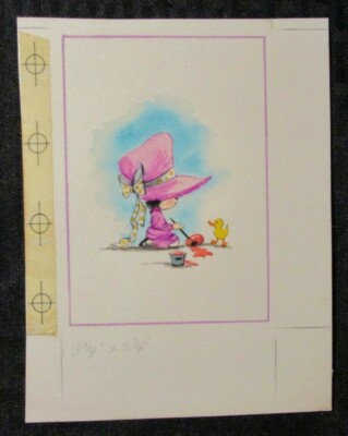 EASTER Cute Girl in Pink Bonnet Painting w Duckling 5x7" Greeting Card Art #2230