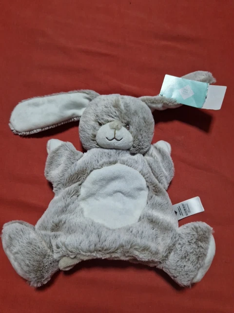 NEUF - Peluche Doudou lapin marionnette Tex baby marron Chiné et blanc