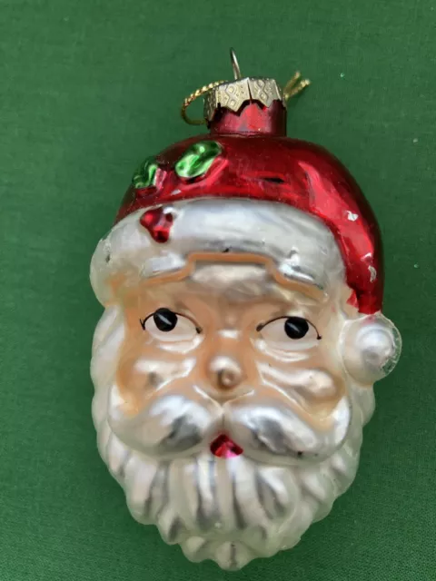 Vintage JOLLY Santa Claus Face Head Glass Hand Blown Ornament Christmas Tree