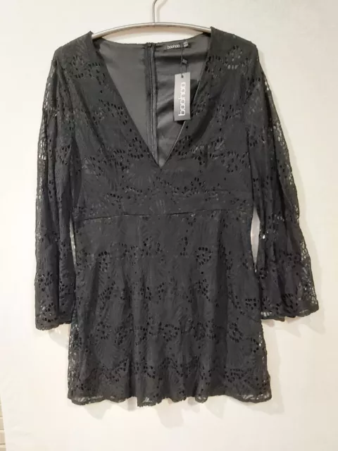 BooHoo Womens Plus Lace Plunge Skater Dress Size 18 Black NWT (827)