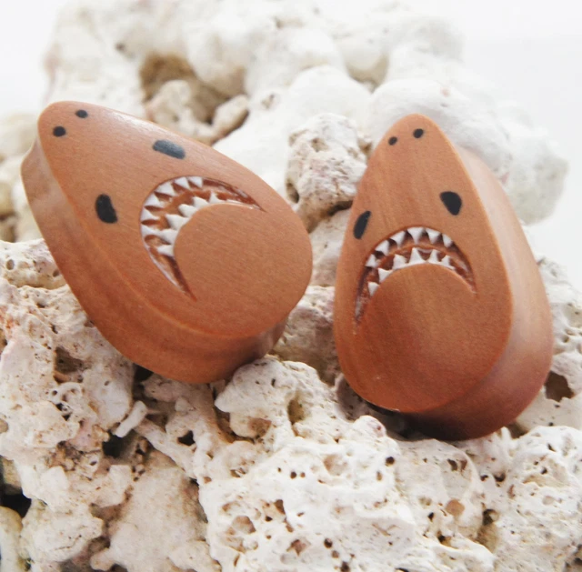 Pair Sawo Wood Shark Double Flared Teardrop Ear Plugs Gauges Hand Made 00G - 1"