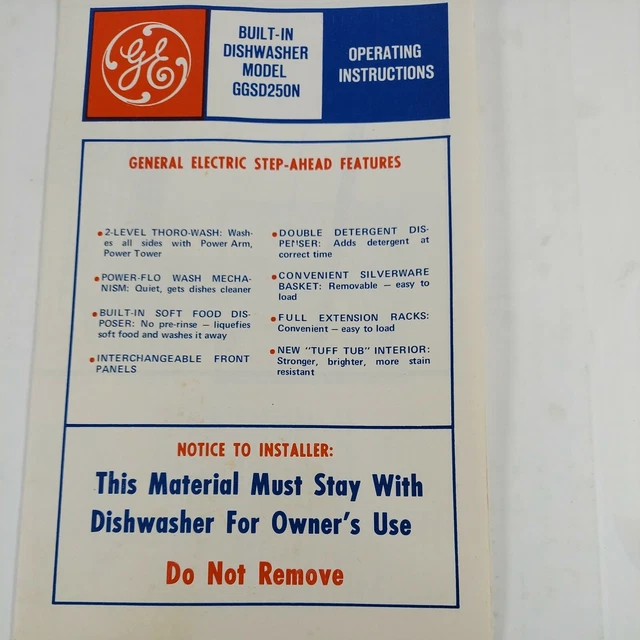 GE GENERAL ELECTRIC Dishwasher Operating Instructions GGSD250N Pub No