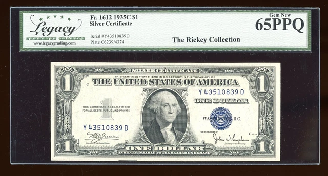 DBR 1935-C $1 Silver Fr. 1612 YD Block Gem Legacy 65 PPQ Serial Y43510839D
