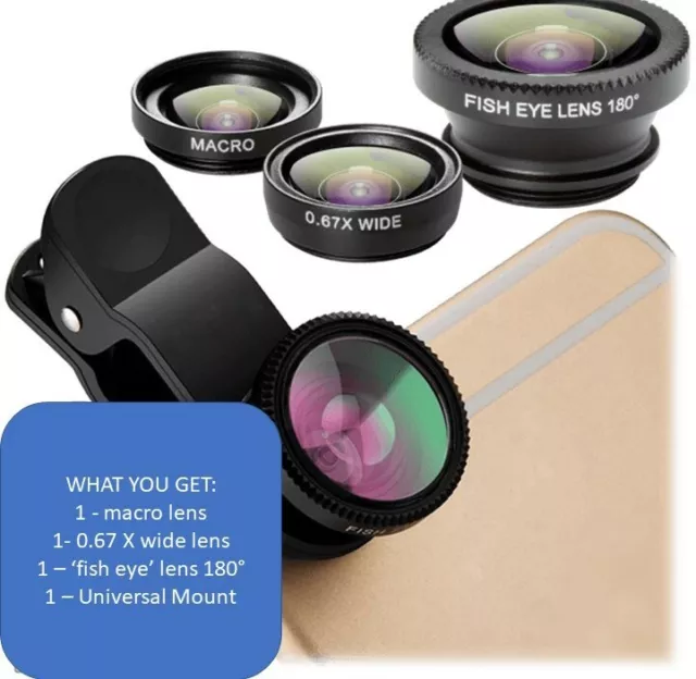 Universal 3in1 Clip On Camera Lens Kit Fisheye Wide Angle Macro For Cell Phone