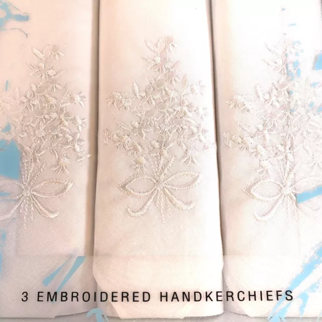 VTG Set of 3 WHITE Floral Embroidered Handkerchiefs NewOS Paris Acc New York