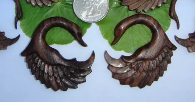 Pair Carved Organic Tribal Feather Wing Swan Sono Wood Spirals Ear Plugs Gauges