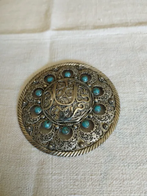 broche pendentif ancienne en argent et turquoise, broche en argent bijoux ancien