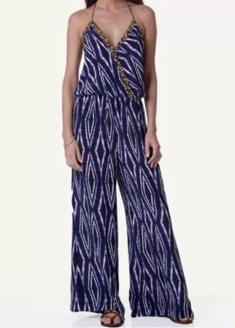 $240 Vix Paula Hermanny Women's Sz Small Lena Printed Jumpsuit Purple Blue Silk 2