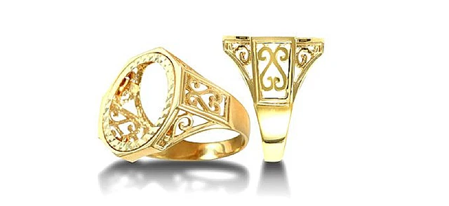 Bague En Or Jaune 9 Carats - Montage "Demi Souverain" Avec Motif Clubs - Taille Unique - Neuf Avec Étiquettes