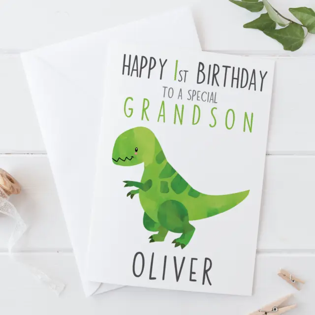 Biglietto di auguri nipote personalizzato carino T-Rex Dino Happy 1° primo compleanno,