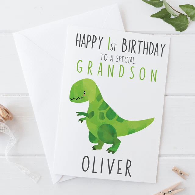 Biglietto di auguri nipote personalizzato carino T-Rex Dino Happy 1° primo compleanno,