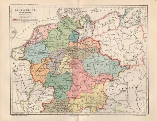 Deutschland um das Jahr 1000   Römisch Deutsches Kaiserreich Landkarte von 1894