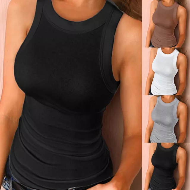 Womens Sleeveless Plain Vest Top Summer Casual Slim Fit Tank Tops T-Shirt Blouse 3