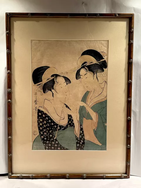 18th Century Kitagawa Utamaro Antique Japanese Woodblock Print, Two Women 3