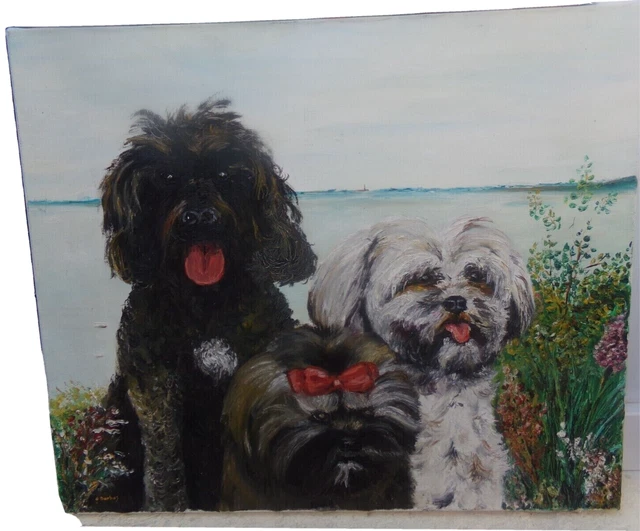 Tableau Huile Sur Toile , Portrait De 3 Petits Chiens