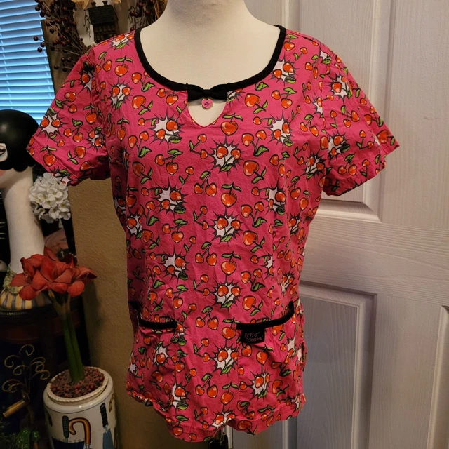Betsey Johnson Women's Scrub top Heart Cherry Cherries Print Medium
