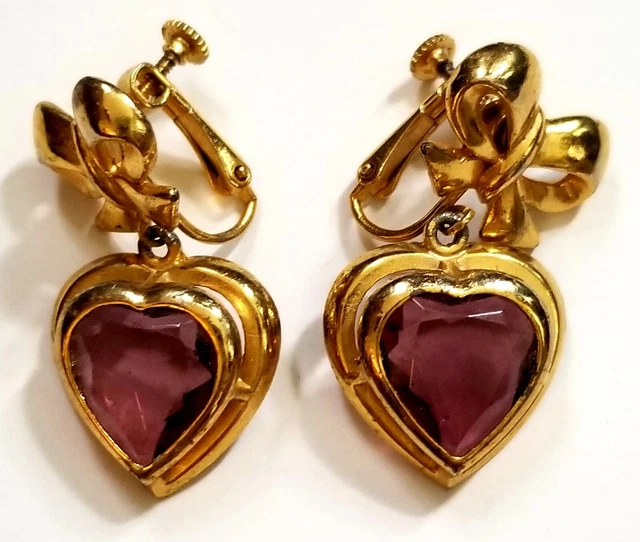 Vtg 1980s Sphinx Signed "Amethyst" Heart & Bow Screw Clip Earring Princess Diana